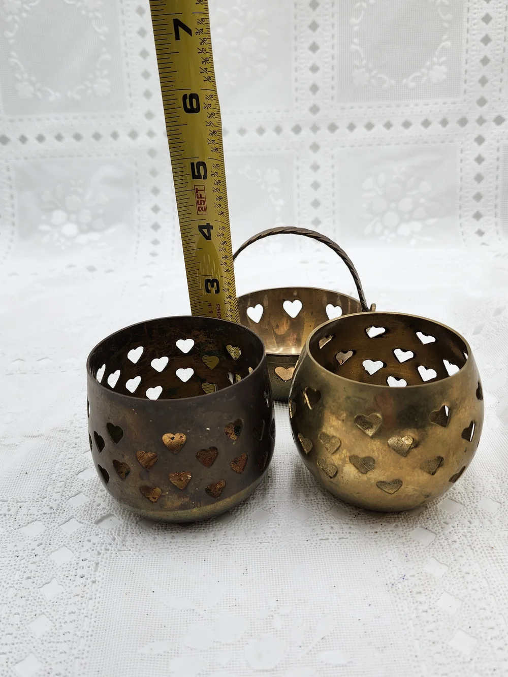 lot of 3  Solid Brass Heart Cut Out Votive Candle Holder Tea Light